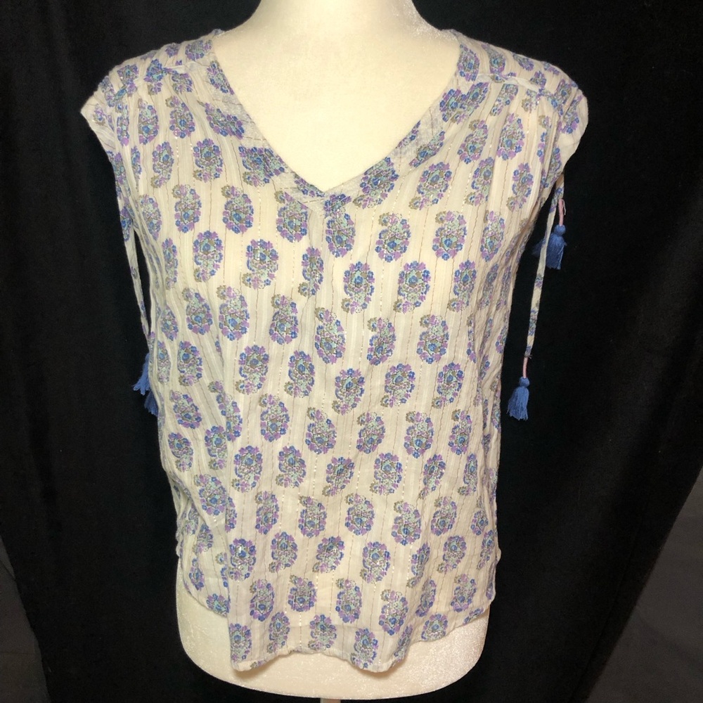 ANTHROPOLOGIE WOMENS XS Boho V-Neck Floral Tassel Sleeveless Top blue purple